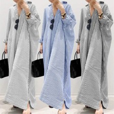 Womens Shirt Dress Long Sleeve Button Down Stripe Long Maxi Loose Gown Plus Size