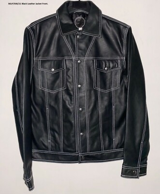 Men's Black Leather Jacket with White Contrast Thread, XL | eBay