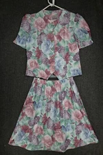 Vintage California Looks Pastel Floral Button Down Top and Skirt Set Women's 10P