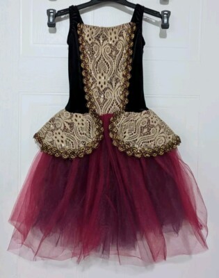 Revolution dance recital costume. Black Burgundy Gold Size MC Girls EUC