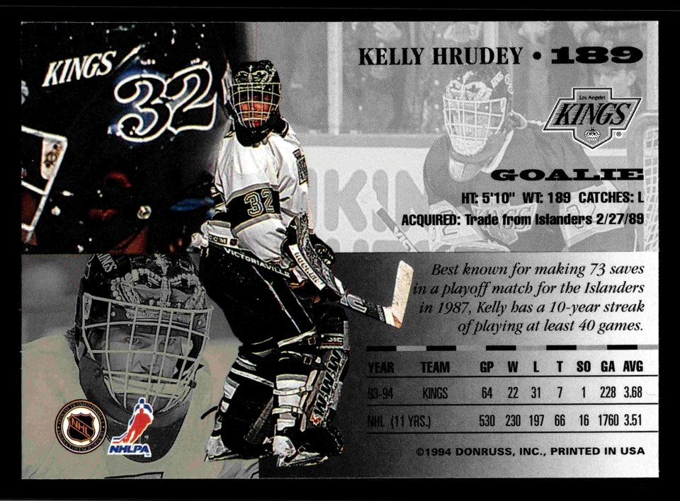 1994-95 Leaf Kelly Hrudey #189 - Los Angeles Kings - Image 2 of 2