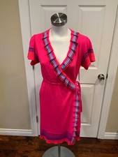 Nanette Lepore Hot Pink Wrap-Dress W/ Striped Ruffle Detail, Size Medium