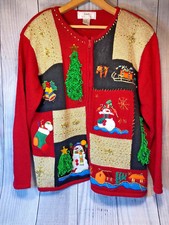Lisa International Womens Beaded Embellish Christmas Cardigan Ugly Sweater Top M