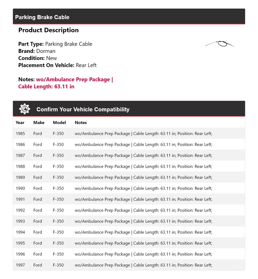 Cable de freno de estacionamiento trasero izquierdo para Ford F-350 Dorman 1985-1997 1986 1987 1988 Foto 2 de 4