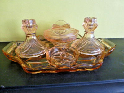 ANTIKES SCHMINKTISCH SET, BERNSTEINFARBEN, PFIRSICHGLAS