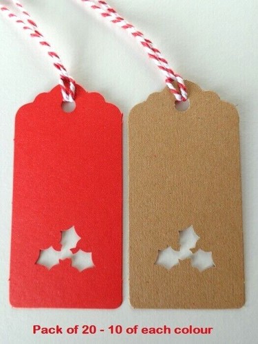 Etiquetas de regalo de Navidad Navidad ACEBO recortado reciclado etiquetas de tarjetas Kraft 9x4,5 cm + corbatas - Imagen 2 de 15