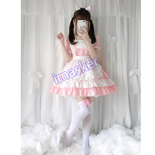 Women Sexy Vintage Sweet Girl Pink Lolita Dress Kawaii Cute Maid Uniform Outfit - Picture 4 of 26
