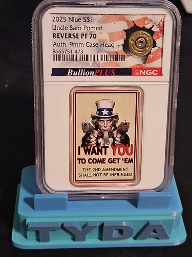 2025 Silver $1 NIUE Rev PF70 NGC Uncle Sam Primed Auth 9mm Case Head BULLIONPLUS