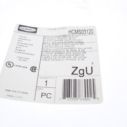 Hubbell 20' Mini-Quick Female Plug Straight Cable #16/3 AWG STOOW R/A HCMS03120 - Imagen 5 de 5