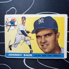 JOHNNY SAIN New York Yankees 1955 TOPPS #193 EX. NO CREASES ⚾️