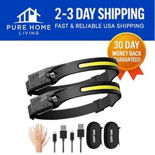 2-Pack LED Headlamp Rechargeable Flashlight - 230° Wide Beam and Motion Sensor
