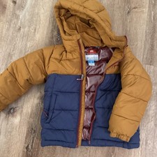 Youth Columbia Brand Hooded Puffer Jacket In Mustard  Navy Size XXS/ 4/5.