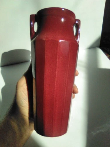 😍 Vintage 9" RED WING ART POTTERY #154 Magenta Color 14 PANEL VASE Marked 1940