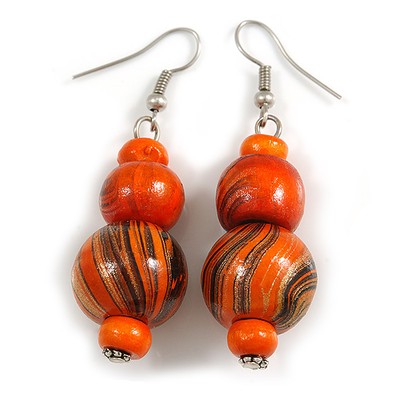 Orange/Gold/Schwarz Farbe Fusion Holz Perlen Ohrhänger mit Silberfarben