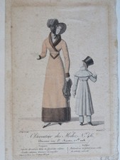 BELLE GRAVURE DE MODE COULEUR  XIX° OBSERVATEUR MODE FEMME ROBE COSTUME 1820