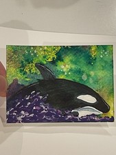 ACEO Original Orca Whale Art Card 2.5x3.5 Inches Hand Drawn Sketch Animal