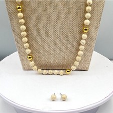 Vintage Retro Cream Marbled Beaded Necklace & Stud Earring Set Gold Tone Accent