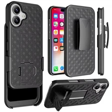 For iPhone 16 6.1inch Case 3in1 Belt-Clip Holster Stand Cover + Tempered Glass