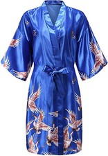Women Satin Floral Kimono Robe Short Silk Bridesmaid Wedding Dressing Gown