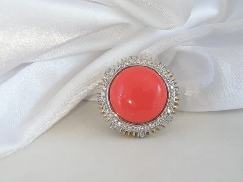 Vintage Sterling Silver 925 Huge Coral Modernist Unique Ring Size 7