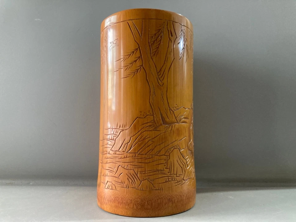 Exquisito paisaje figura bambú natural chino tallado a mano cepillo maceta 2368 Foto 3 de 4