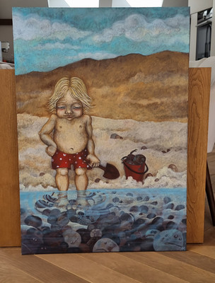 Meisterwerk ''Der Strandgänger'' Acryl Gemälde Kunst Surrealismus Folk Naiv