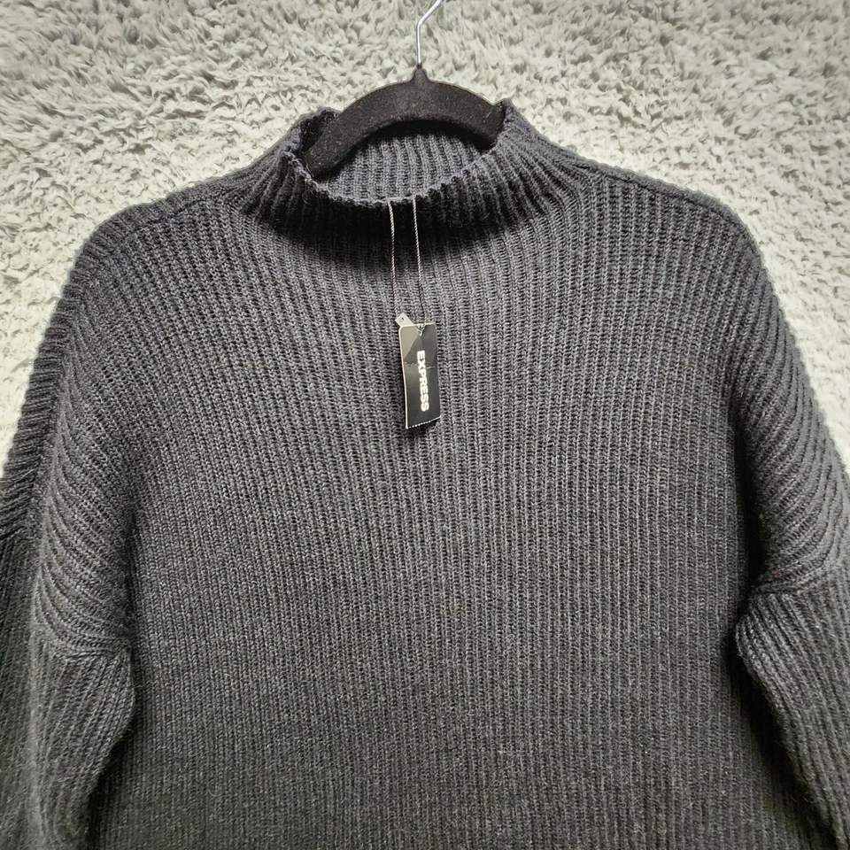 Suéter Express Mujer Grande Negro Acanalado Algodón Lana Mohair Mezcla Cuello Alto NUEVO Foto 3 de 4
