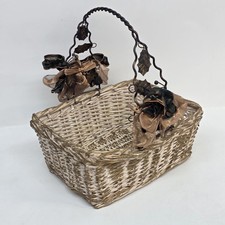 Vintage Decorative Wicker Basket with Metal Handle  Fabric Flowers