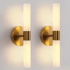 Wall Sconces Set of Two, Brass Gold Bathroom Sconces Wall Lighting with White Gl