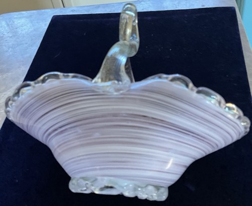 Murano Pink Swirl Art Glass Basket Twisted Handle Gold Adventurine Label - Picture 5 of 11