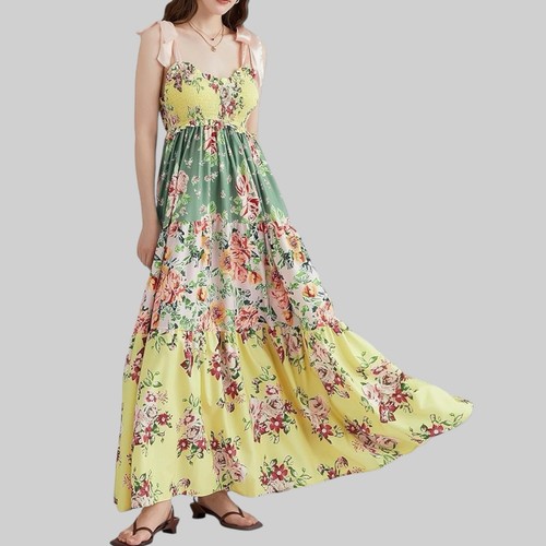 Abito donna bohemien floreale midi taglia L giallo spalla cravatta scollo a V colorato - Foto 5 di 17