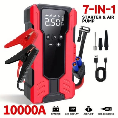 10000A Car Jump Starter with Air Compressor 12V & 150PSI Battery Phone Bank Red