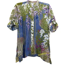 Citron Santa Monica Floral Blouse Top Shirt Small Button Front Asymmetrical Hem