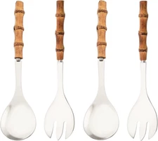 Serving Spoon and Fork Set, 304 Stainless Steel Serving Utensils with Natural Ba