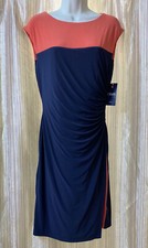 NWT Chaps Dress Blue/Coral Stretch Sleeveless Rouched Round Neck Medium FLAW