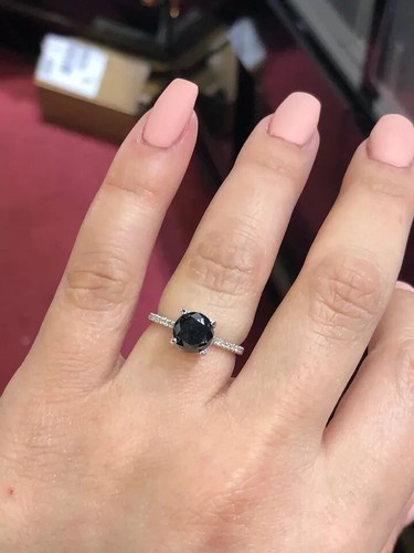 2 Ct Round Lab Created Black Diamond Solitaire Ring 14K White Gold Plated - Picture 3 of 5