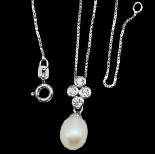 COLLANA DONNA FIRMATA ARGENTO 925 LACCIO CIONDOLO PERLA NATURALE OVALE ELEGANTE - Foto 1 di 14
