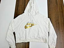 Nike Womens M White Cropped Hoodie Sweatshirt Rayon Metallic Gold Logo