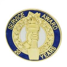 20  YEARS OF SERVICE AWARD PIN SAFETY BACK CLOSURE BLUE GOLD 3/4" ROUND METAL 