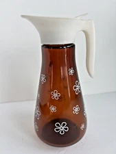 Vintage Thatcher Amber Glass Daisy Flower Pattern Syrup Dispenser Pitcher
