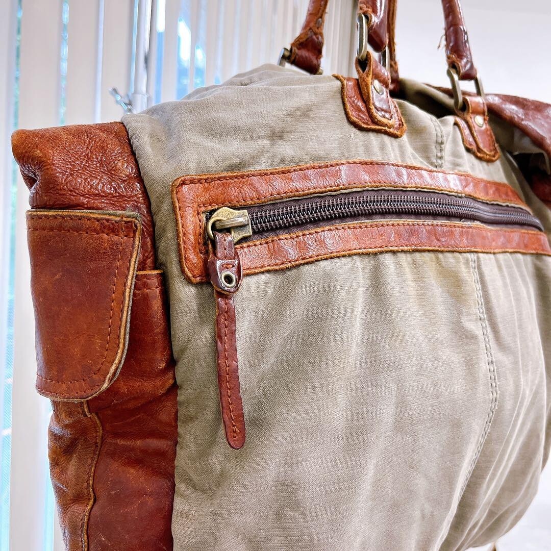 Tough Jeansmith Shoulder Tote Bag Handbag Leather Canvas in Brown