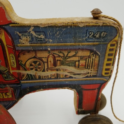 Giocattolo vintage Gong Bell Farm Boy con cane su trattore metallo e legno - Foto 3 di 18