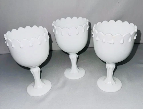 3 VTG Indiana Glass Teardrop Milk Glass Footed 7" Goblet Chalice Vase Compote