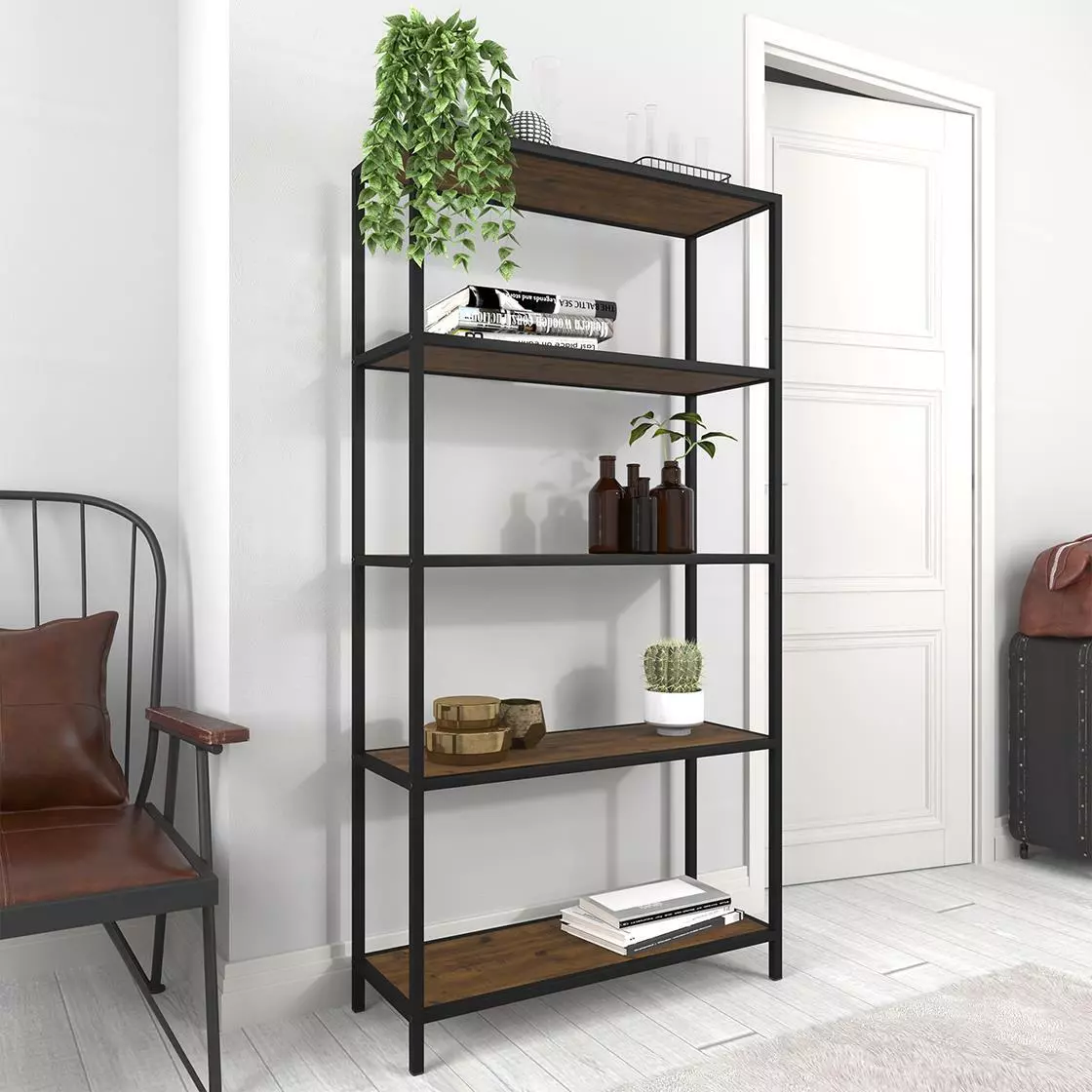 EALING BOOKCASE RUSTIC WOOD EFFECT PANELS W 4 SHELVES DISPLAY