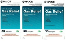 Major Gas Relief Extra Strength Simethicone 125 MG 30 Softgels X 3 Packs