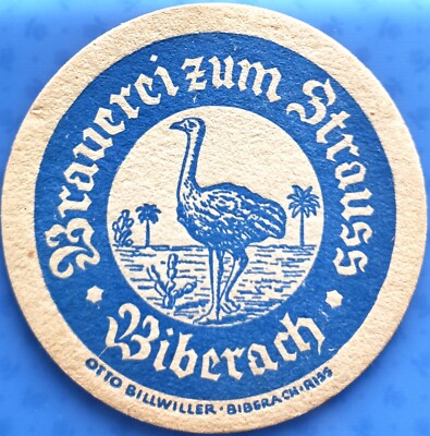 Alter Bierdeckel VK Brauerei zum Strauss Biberach um 1932-34 mit Impressum
