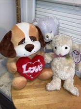 Lot of 3 Vintage New W/ Tags Plush Stuffed Animals Dog, Lamb Bear Love