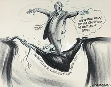 BILL CRAWFORD, VINTAGE POLITICAL CARTOON, Conté Crayon, Ink, Signed, c. 1949