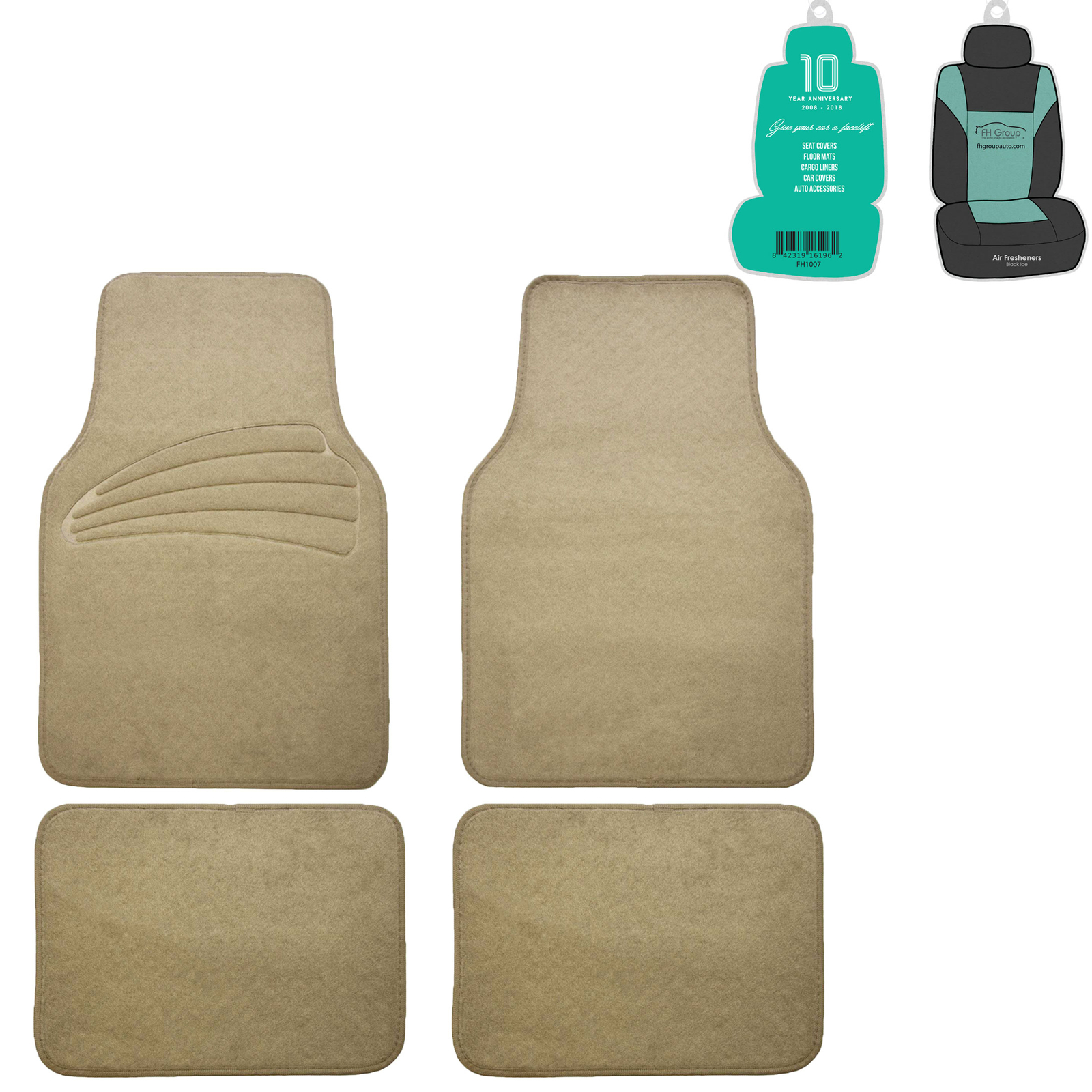 FH Group Universal Fit Car Floor Mats 4-Piece Set in Beige with Free Air Freshener