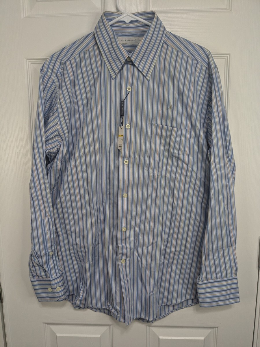 Alex Cannon Shirt Men's Medium Blue Button Up Long Sleeve Striped